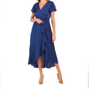 NICOLE MILLER NAVY BLUE SATIN WRAP RUFFLED DRESS